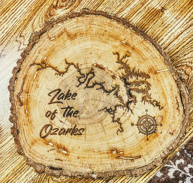 A lake map engraved into a wood slice.